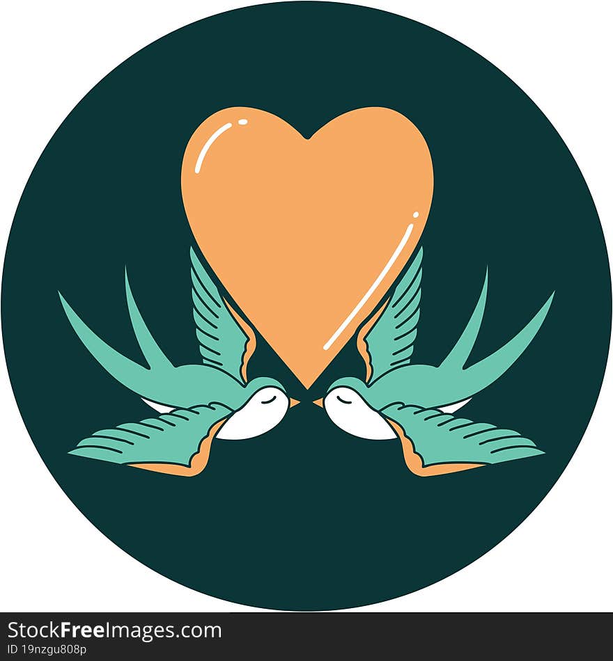 iconic tattoo style image of swallows and a heart. iconic tattoo style image of swallows and a heart