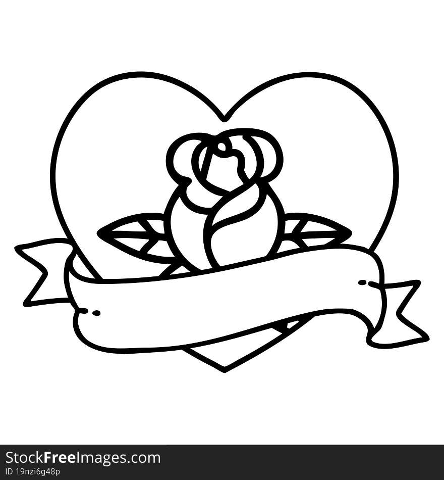 tattoo in black line style of a heart rose and banner. tattoo in black line style of a heart rose and banner