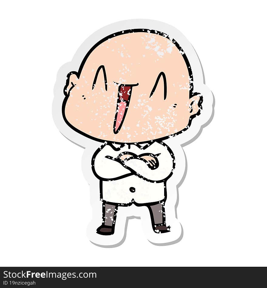 distressed sticker of a happy cartoon bald man