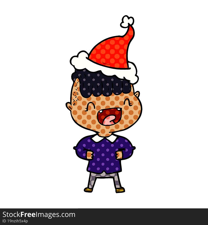 comic book style illustration of a happy boy laughing wearing santa hat