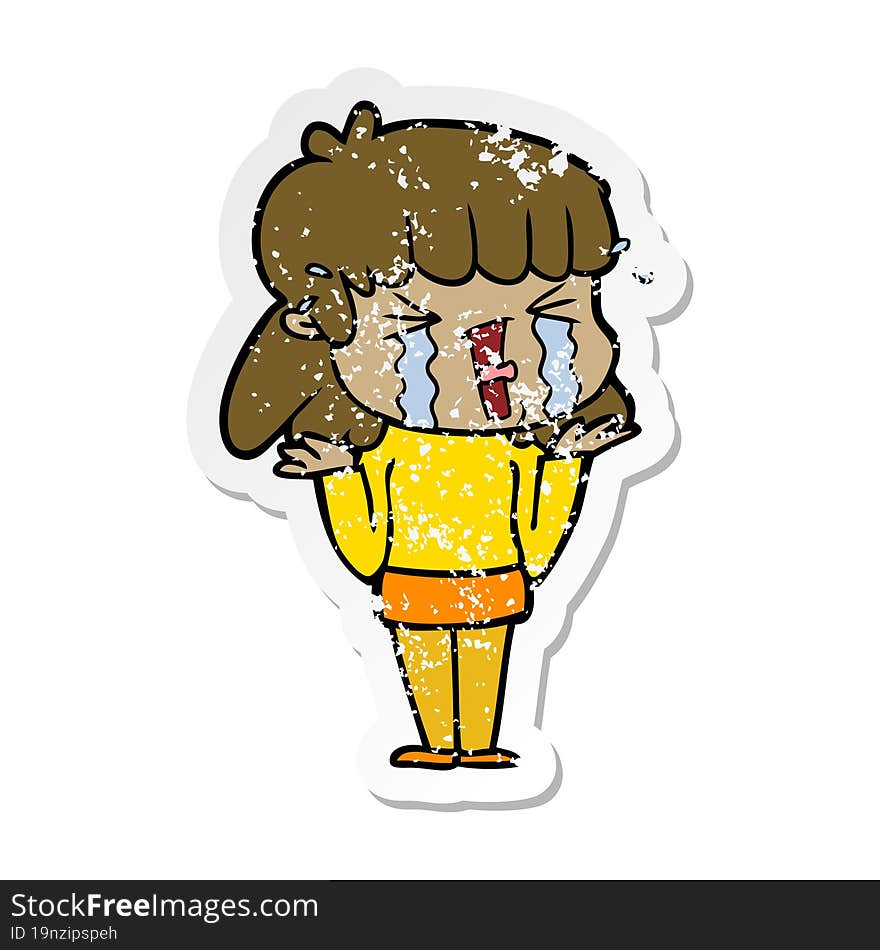 distressed sticker of a cartoon woman in tears