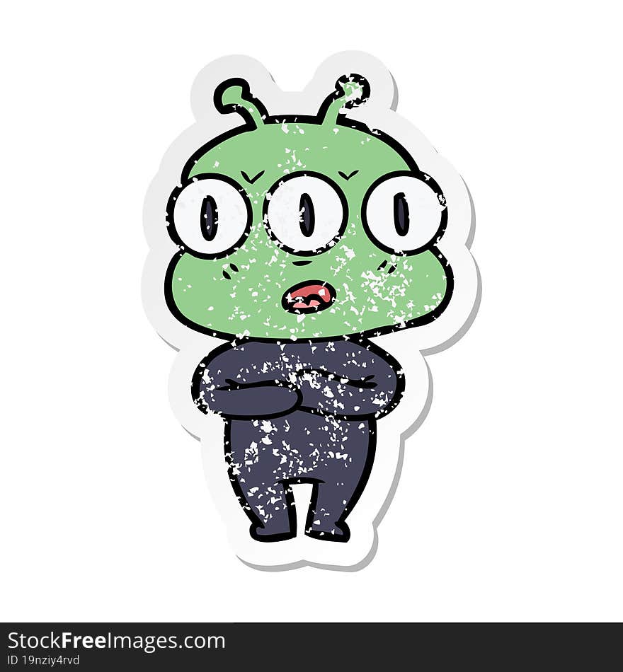 distressed sticker of a cartoon three eyed alien