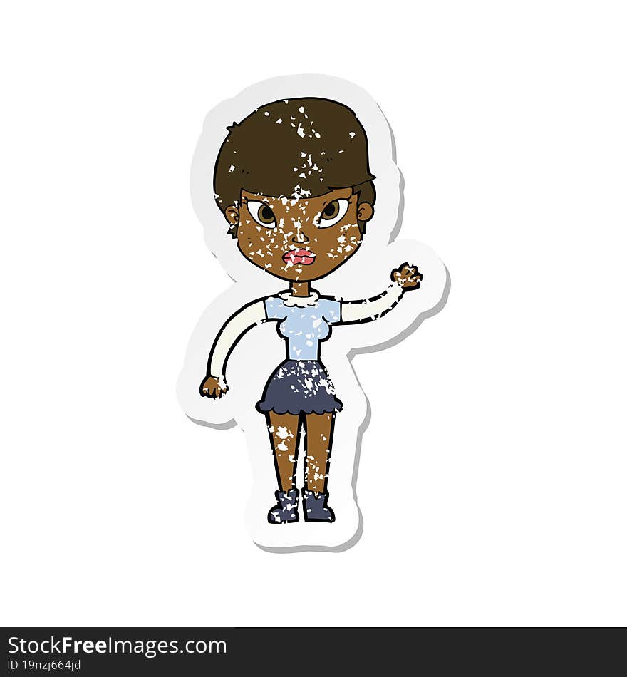 retro distressed sticker of a cartoon woman waving