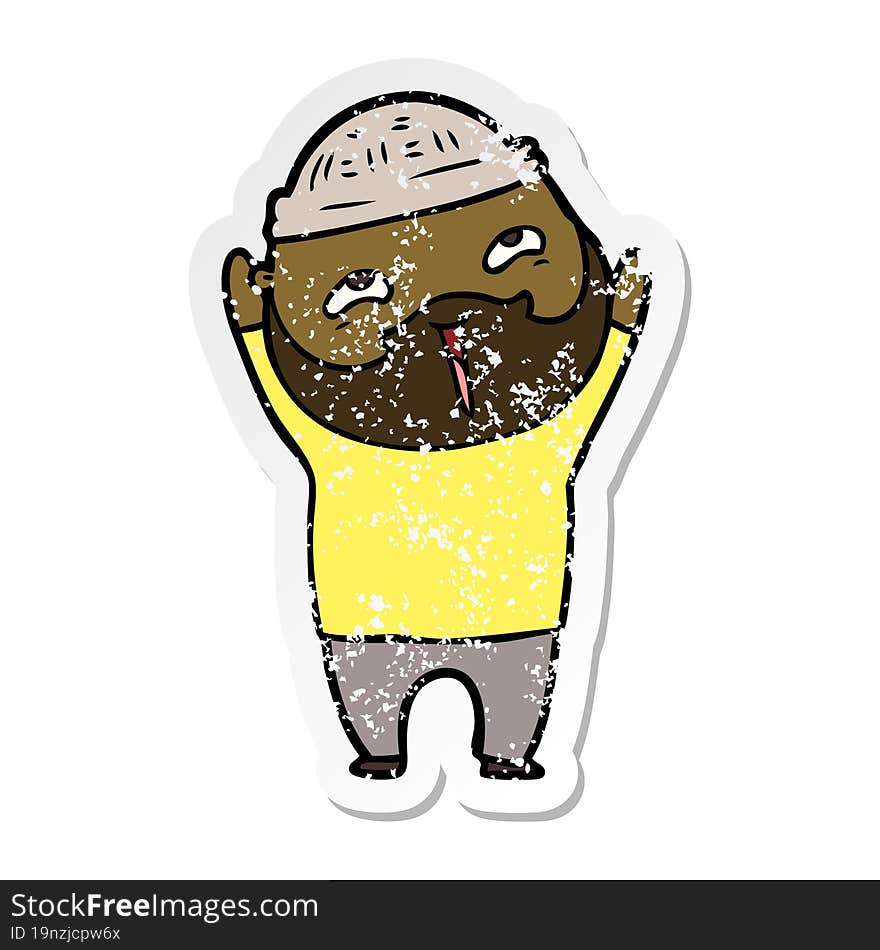 distressed sticker of a cartoon happy bearded man