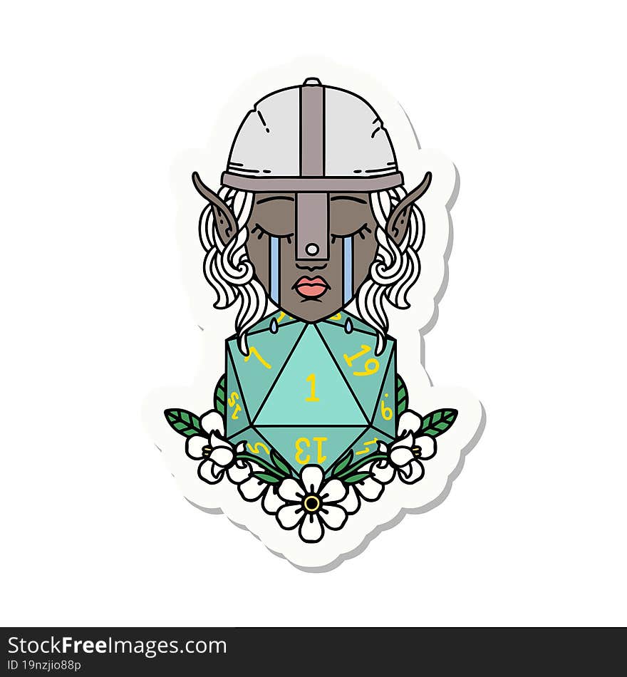 sad elf fighter character with natural one d20 roll sticker