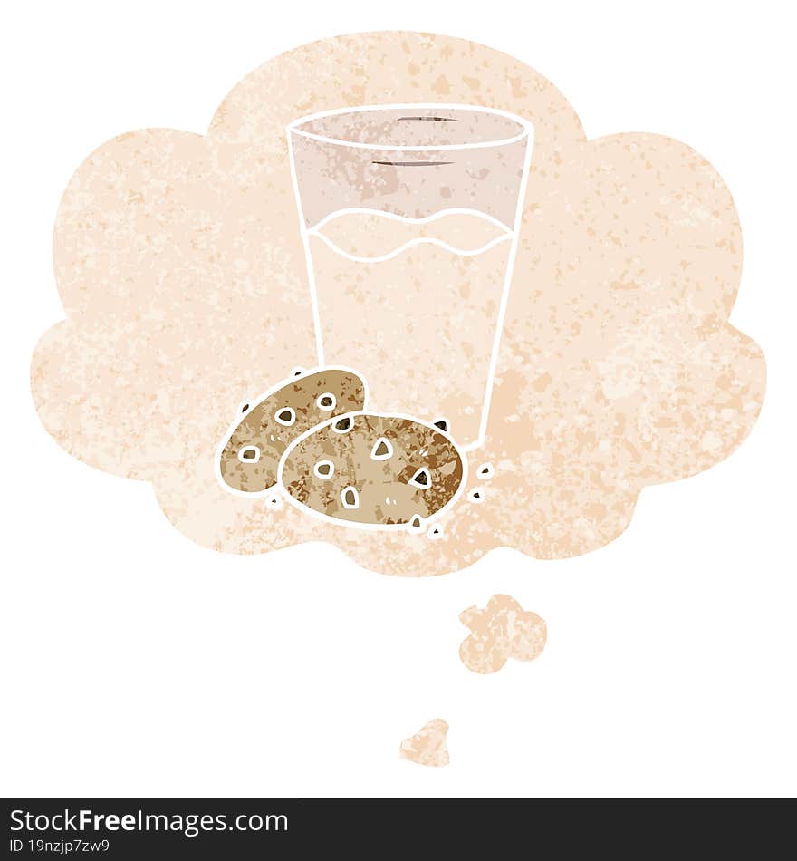 Cartoon Cookies And Milk And Thought Bubble In Retro Textured Style