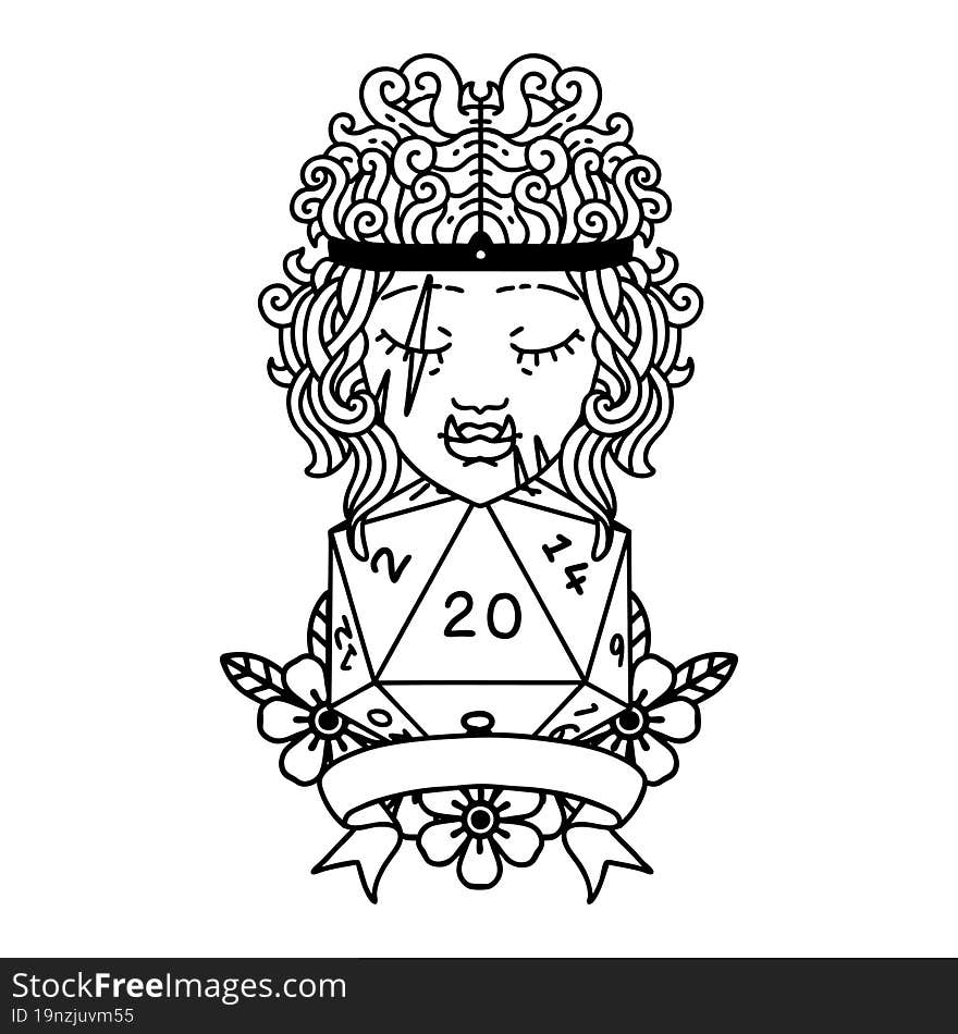 Black and White Tattoo linework Style half orc barbarian character with natural 20 dice roll. Black and White Tattoo linework Style half orc barbarian character with natural 20 dice roll