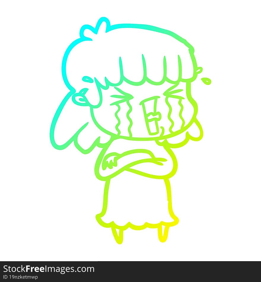 Cold Gradient Line Drawing Cartoon Woman In Tears