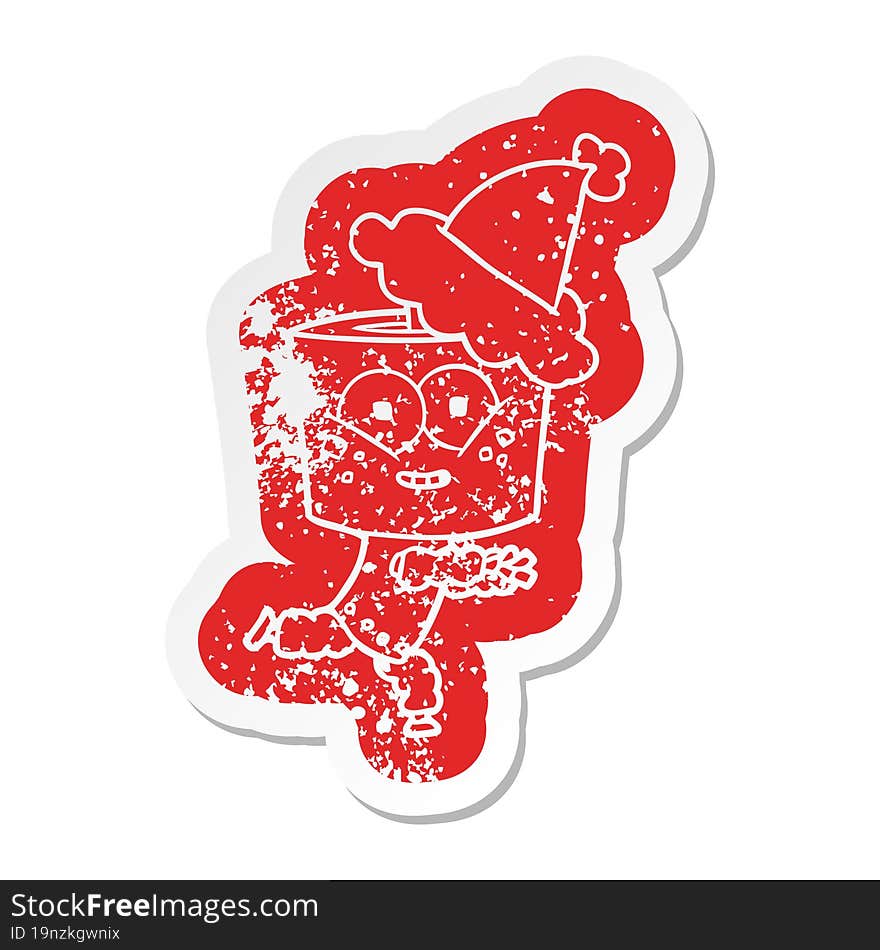 happy cartoon distressed sticker of a robot wearing santa hat