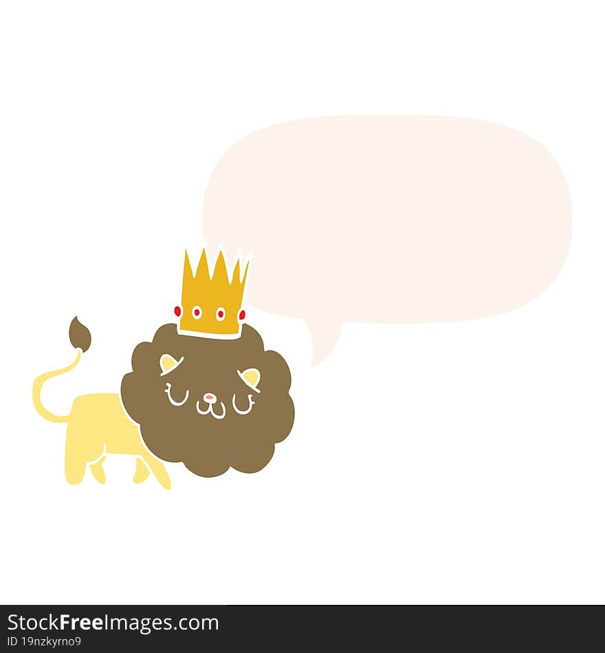 cartoon lion and crown and speech bubble in retro style