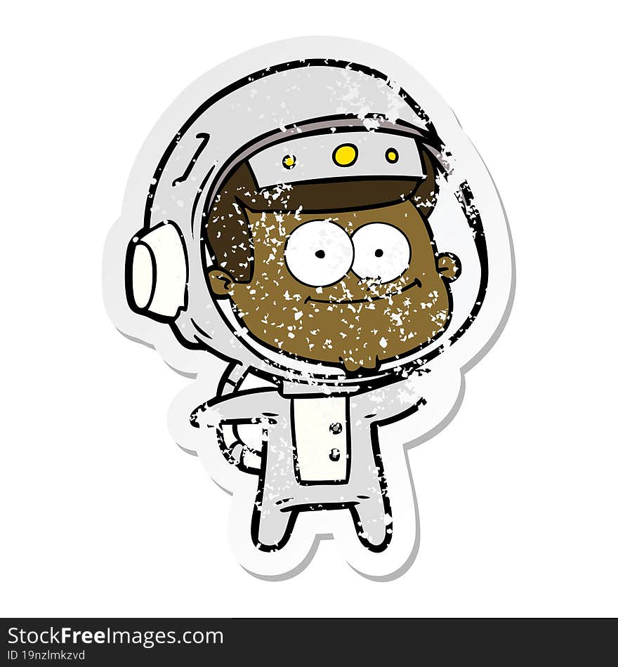 distressed sticker of a happy astronaut cartoon