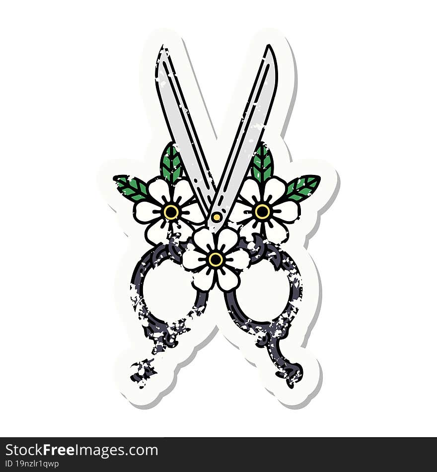 distressed sticker tattoo in traditional style of barber scissors and flowers. distressed sticker tattoo in traditional style of barber scissors and flowers