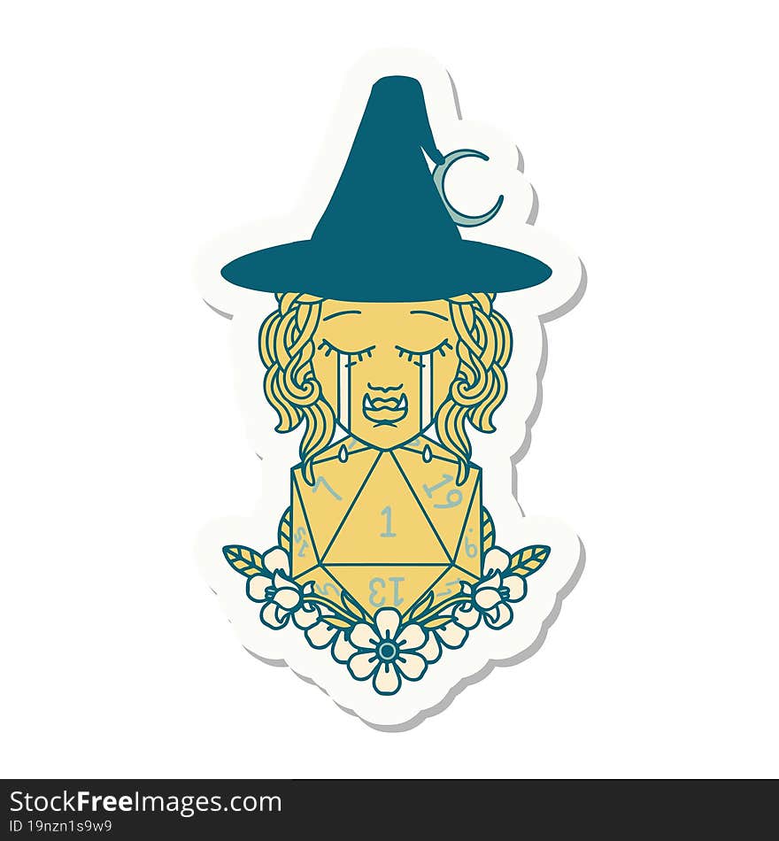 crying half orc witch with natural one D20 dice roll sticker