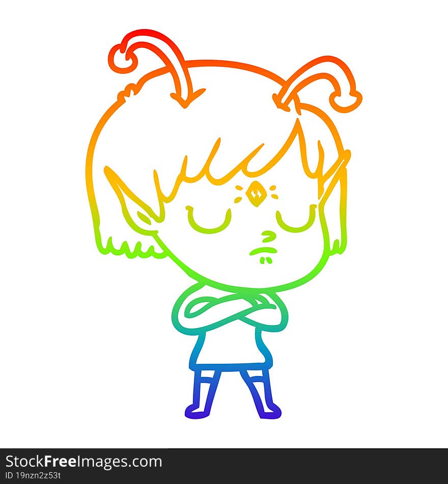 rainbow gradient line drawing of a cartoon alien girl