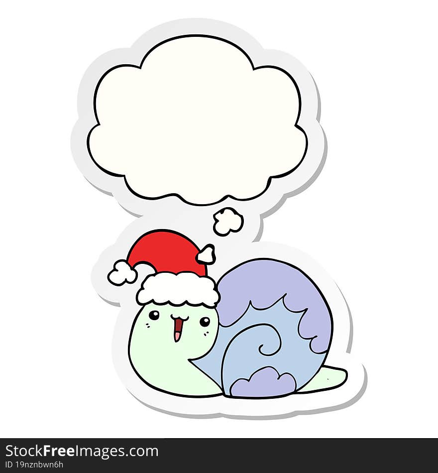 cute cartoon christmas snail with thought bubble as a printed sticker