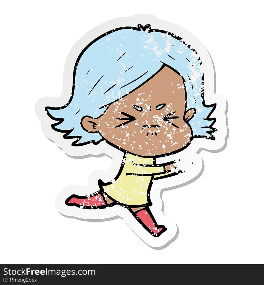 distressed sticker of a cartoon angry girl