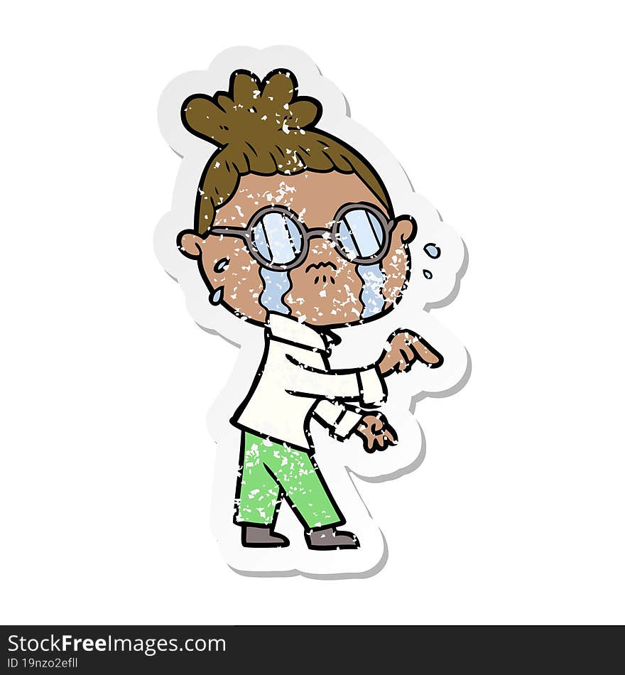 Distressed Sticker Of A Cartoon Crying Woman Wearing Spectacles