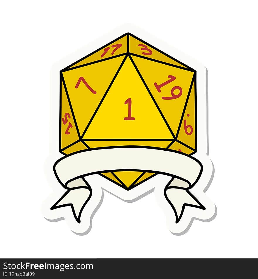 sticker of a natural one d20 dice roll. sticker of a natural one d20 dice roll