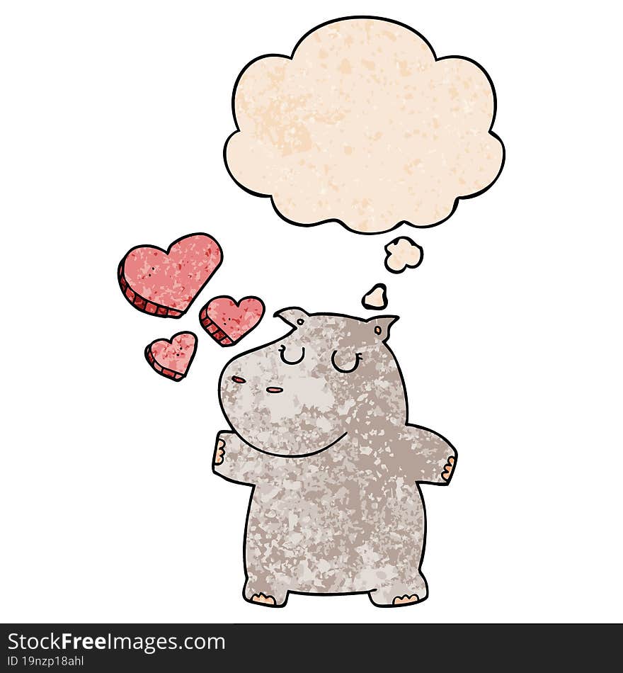 cartoon hippo in love and thought bubble in grunge texture pattern style