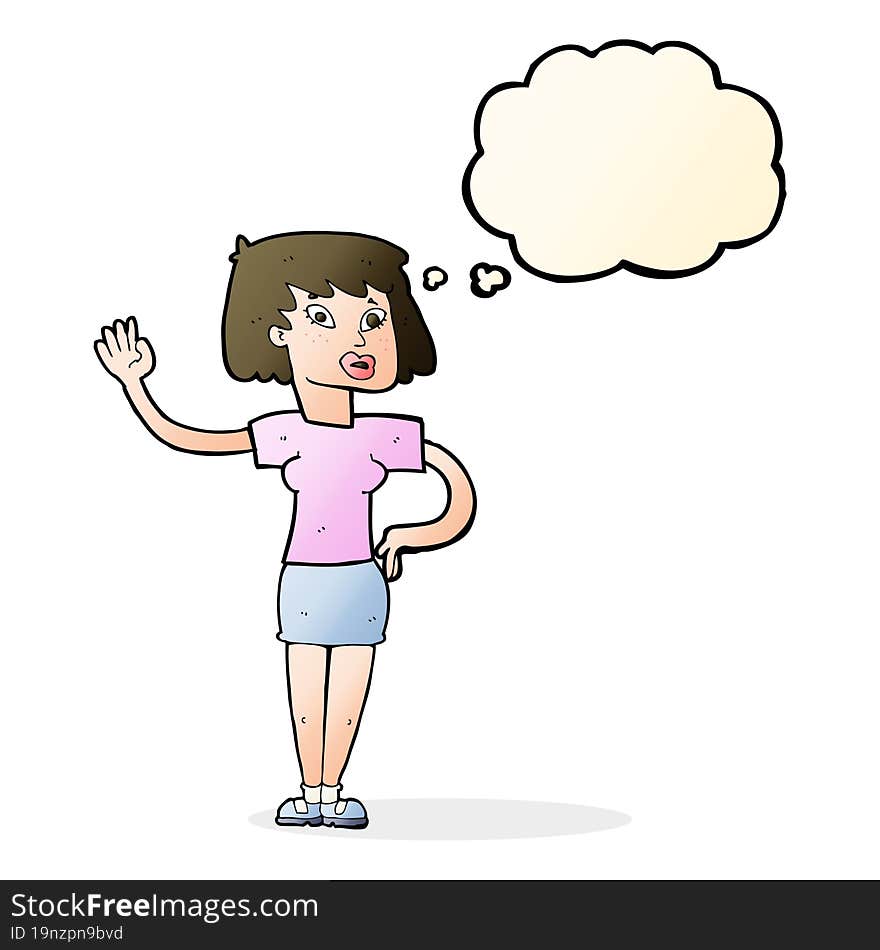 cartoon woman waving with thought bubble