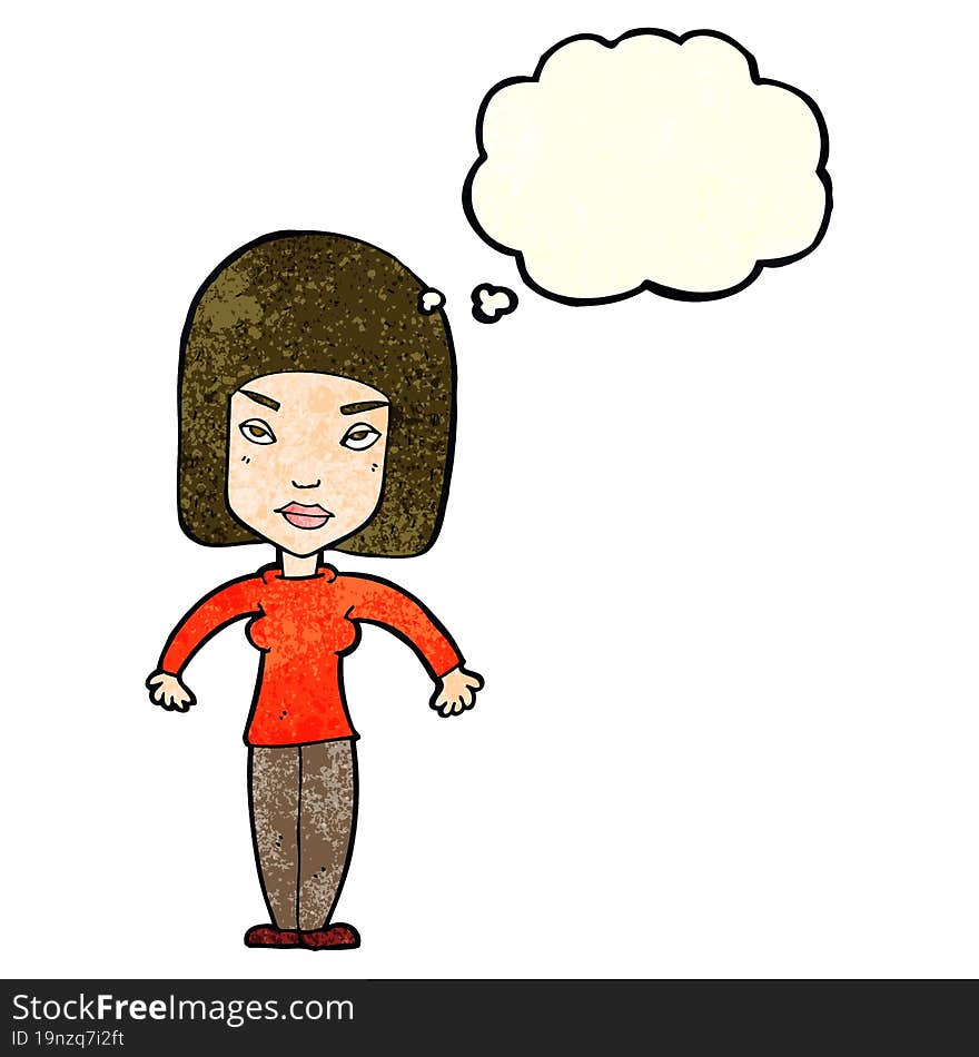 cartoon woman shrugging shoulders with thought bubble