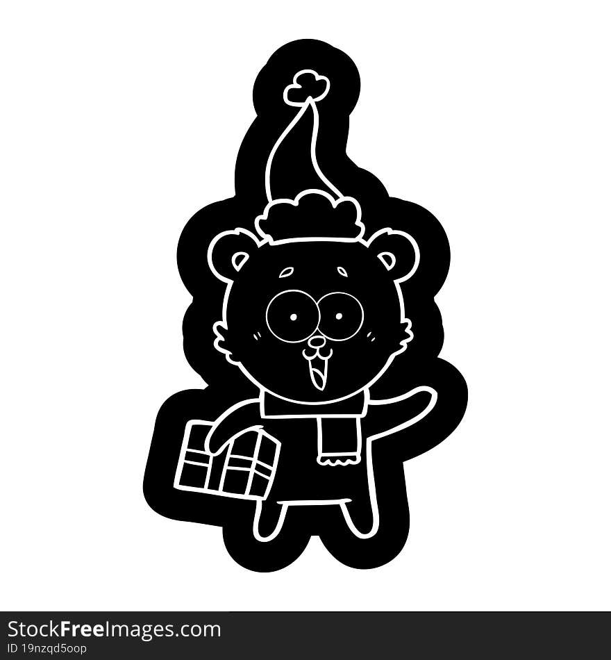 Laughing Teddy  Bear With Christmas Present Wearing Santa Hat