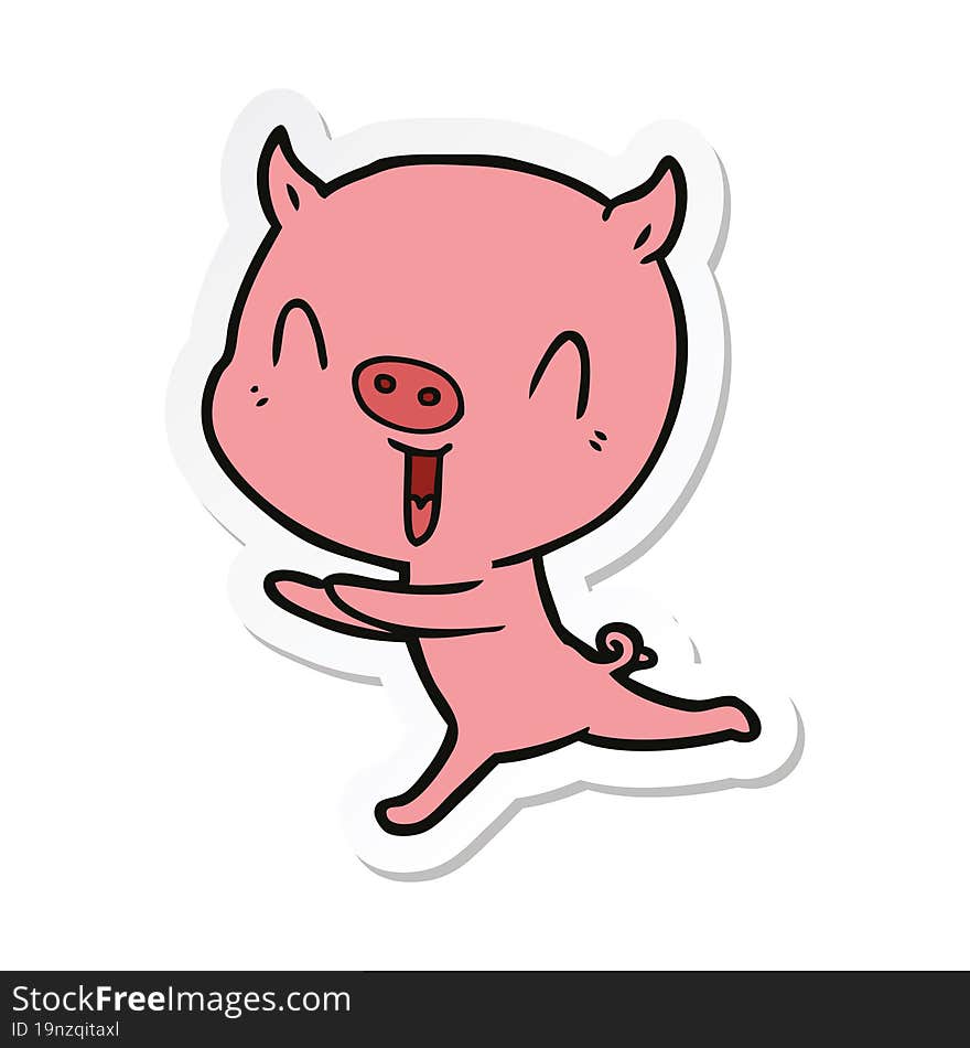 sticker of a happy cartoon pig running