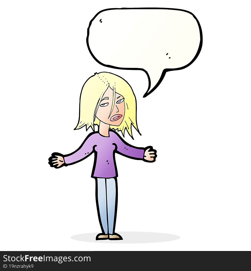 cartoon woman shrugging shoulders with speech bubble