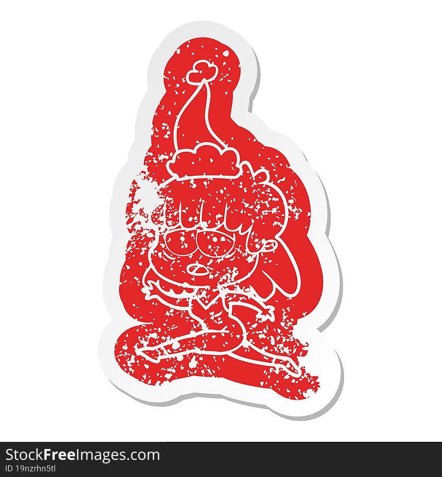 Cartoon Distressed Sticker Of A Tired Woman Wearing Santa Hat