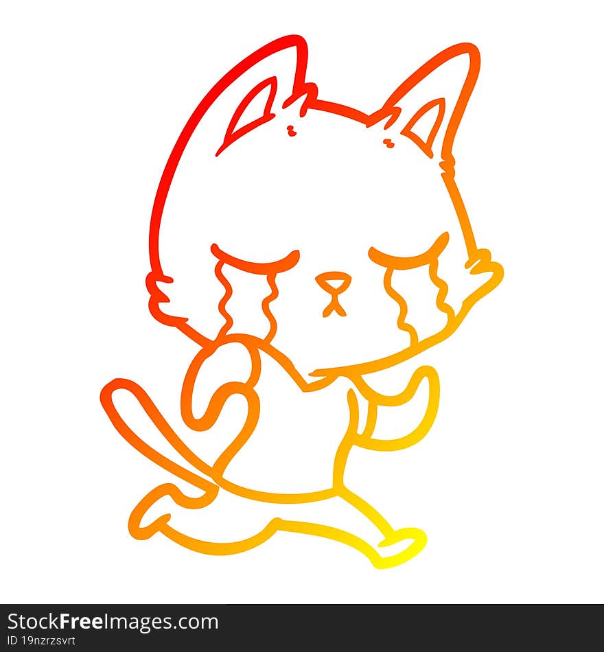 warm gradient line drawing of a crying cartoon cat running away