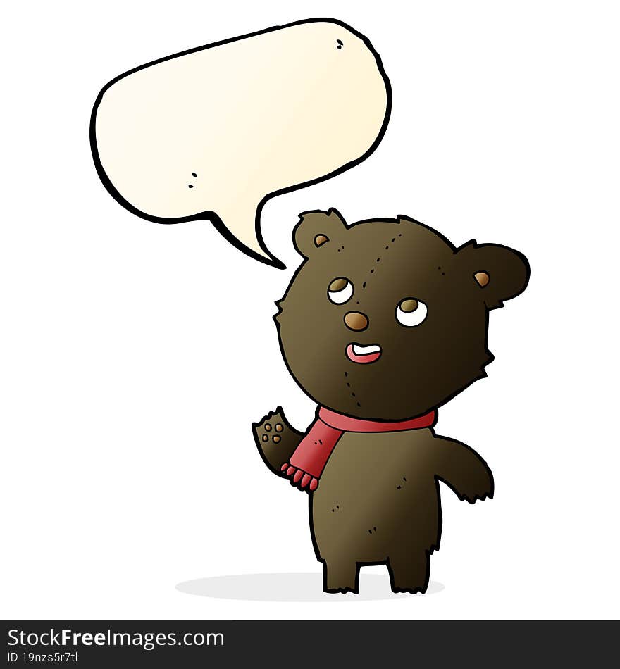 cartoon black bear wearing scarf with speech bubble