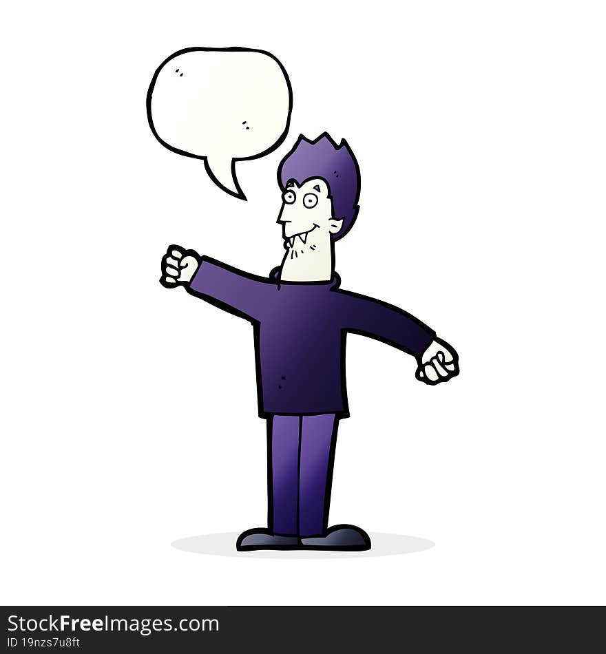 cartoon happy vampire with speech bubble