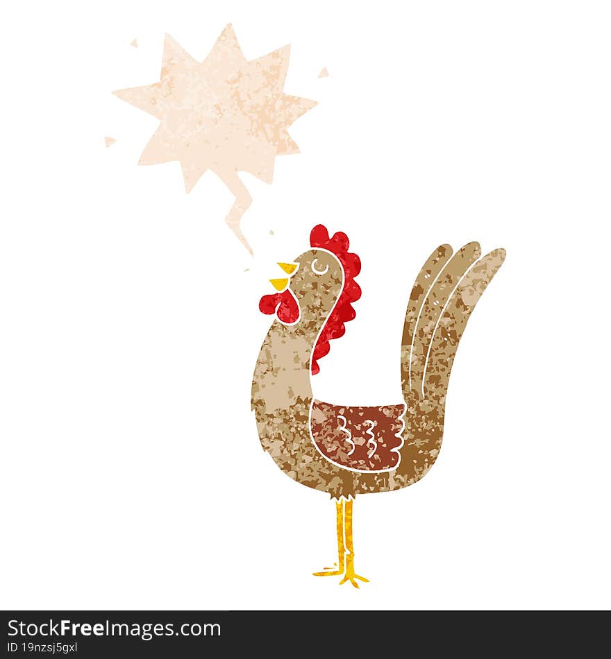 cartoon rooster and speech bubble in retro textured style