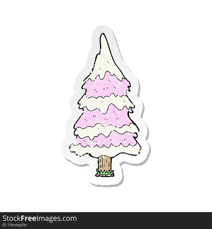 retro distressed sticker of a cartoon snowy pink tree