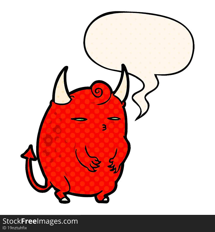 Cartoon Fat Little Halloween Devil And Speech Bubble In Comic Book Style