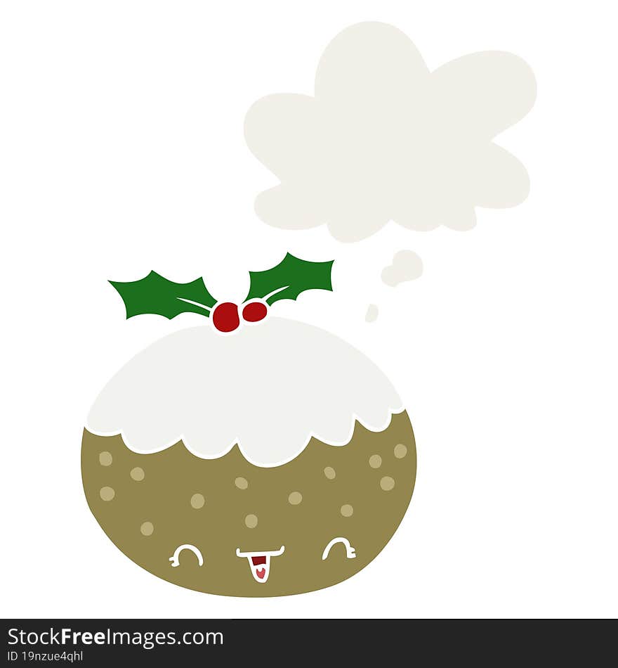 cute cartoon christmas pudding and thought bubble in retro style