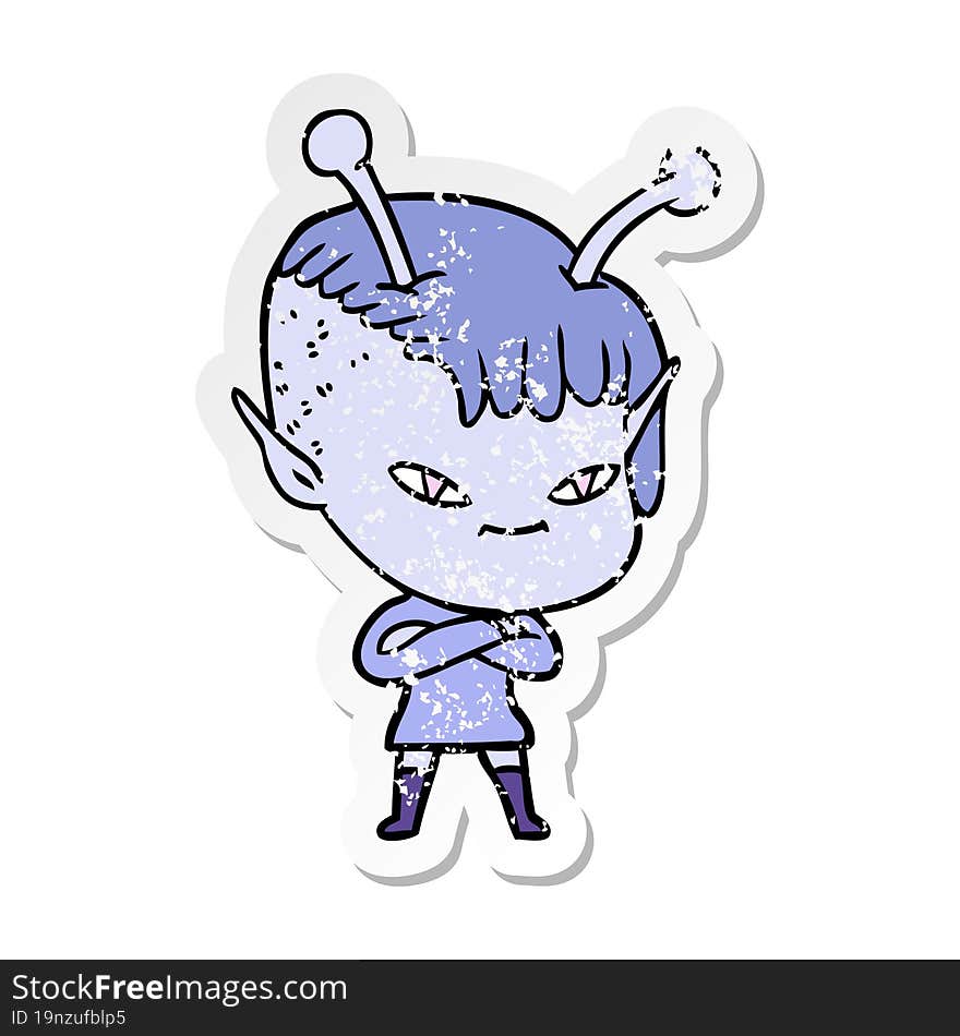 distressed sticker of a cute cartoon alien girl