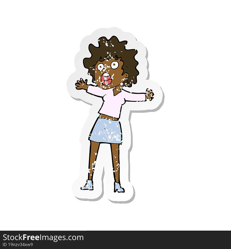 retro distressed sticker of a cartoon frightened woman