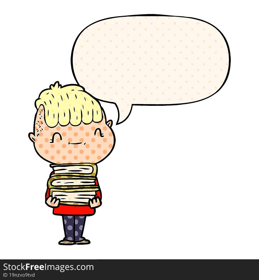 cartoon friendly boy and books and speech bubble in comic book style