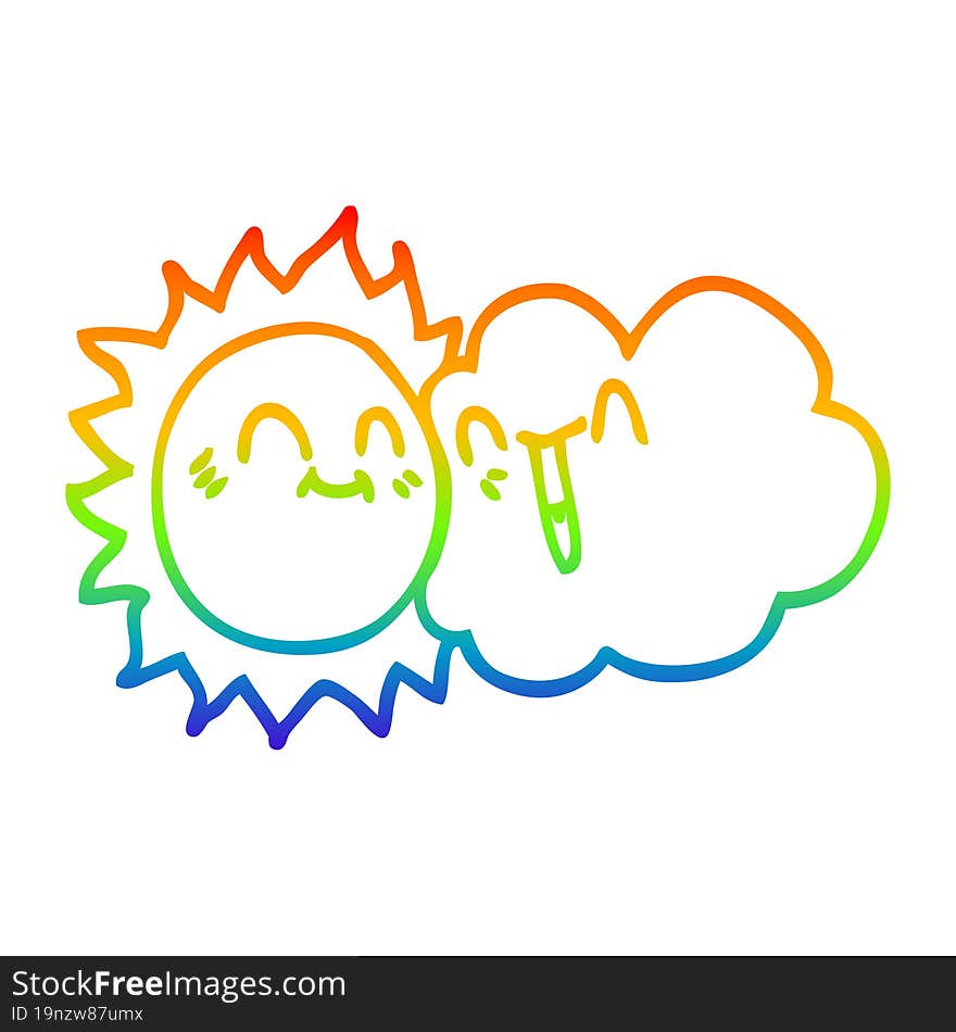 rainbow gradient line drawing of a cartoon happy sunshine and cloud