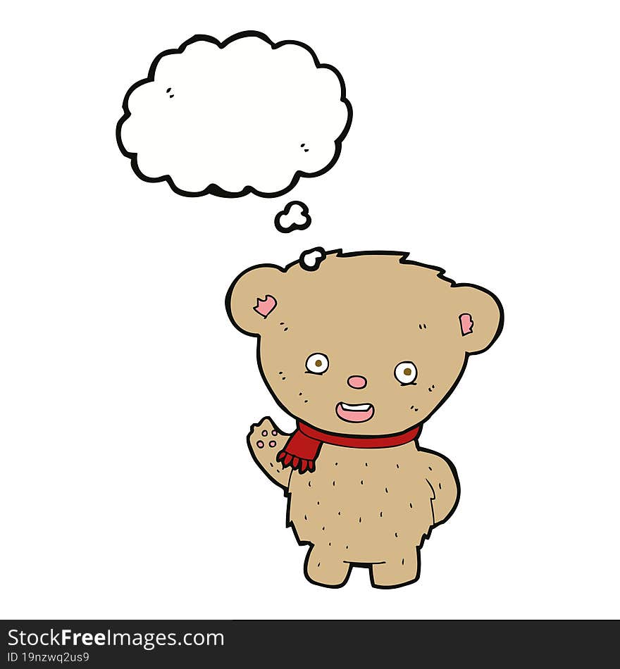 cartoon teddy bear waving with thought bubble