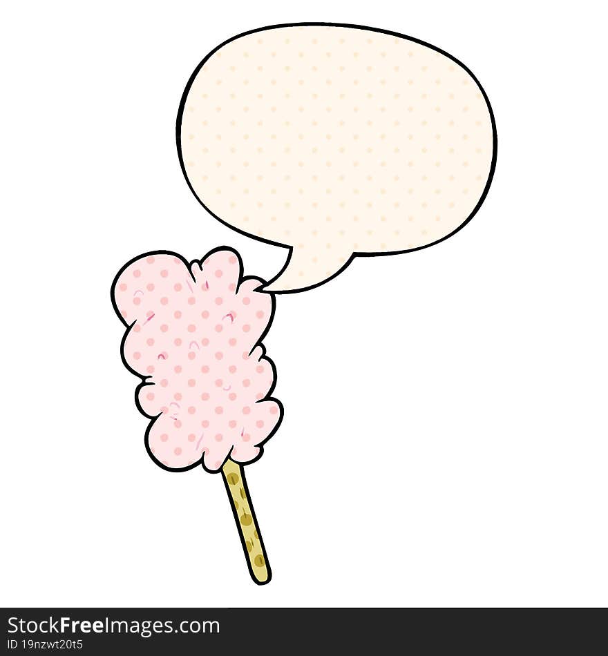 Cartoon Candy Floss On Stick And Speech Bubble In Comic Book Style