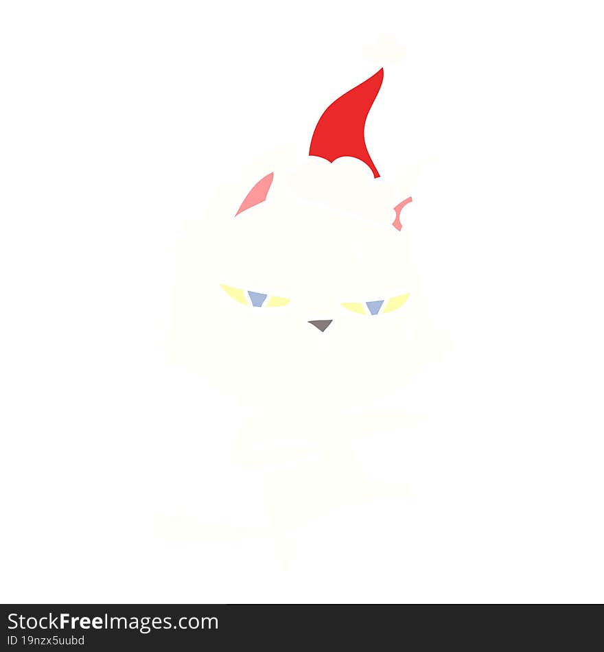 tough hand drawn flat color illustration of a cat wearing santa hat. tough hand drawn flat color illustration of a cat wearing santa hat