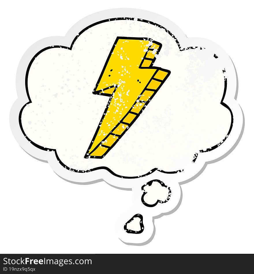 cartoon lightning bolt and thought bubble as a distressed worn sticker