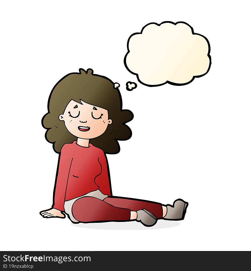 cartoon happy woman sitting on floor with thought bubble