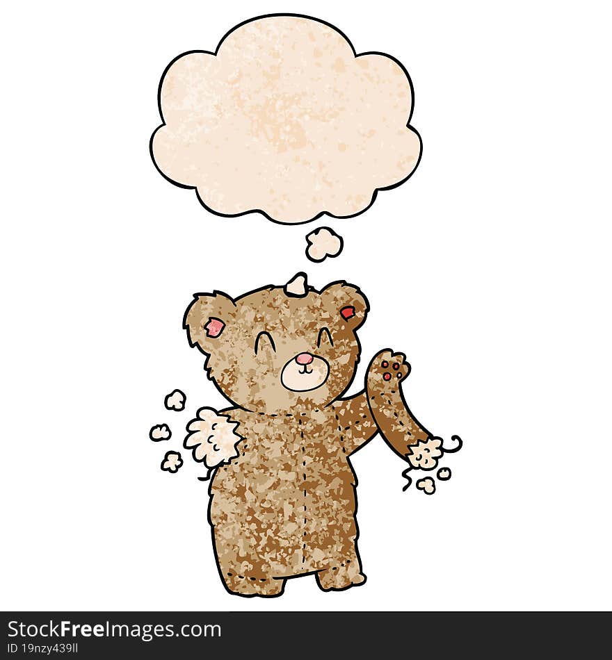 cartoon teddy bear with torn arm and thought bubble in grunge texture pattern style