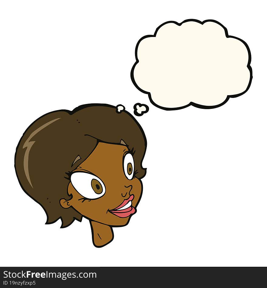 cartoon pretty female face with thought bubble