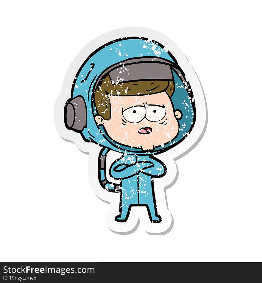 distressed sticker of a cartoon tired astronaut