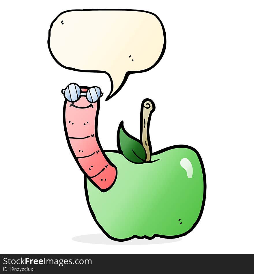 cartoon apple with worm with speech bubble