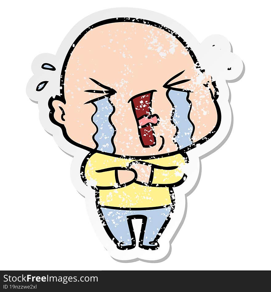 distressed sticker of a cartoon crying bald man